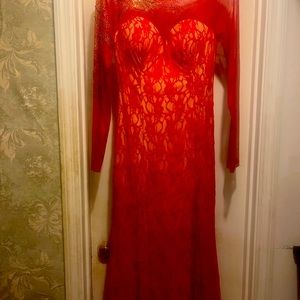 Red lace evening gown dress with little stones on the sleeves
